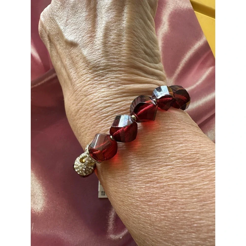 Vintage Anne Klein Red Faceted Bead ElasticBracelet Gold Tone Pave Crystal Charm